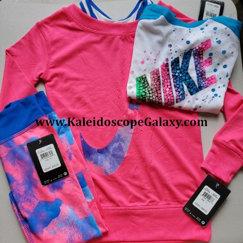 Nike Girls Size 5 Dri-fit Sweatshirt, Tie Dye Leggings & Long Sleeve Top